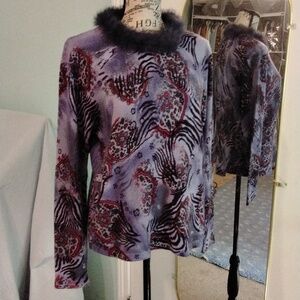 Women's CD Petites long sleeve purple paisley  sweater w/ faux fur neckline Sz M